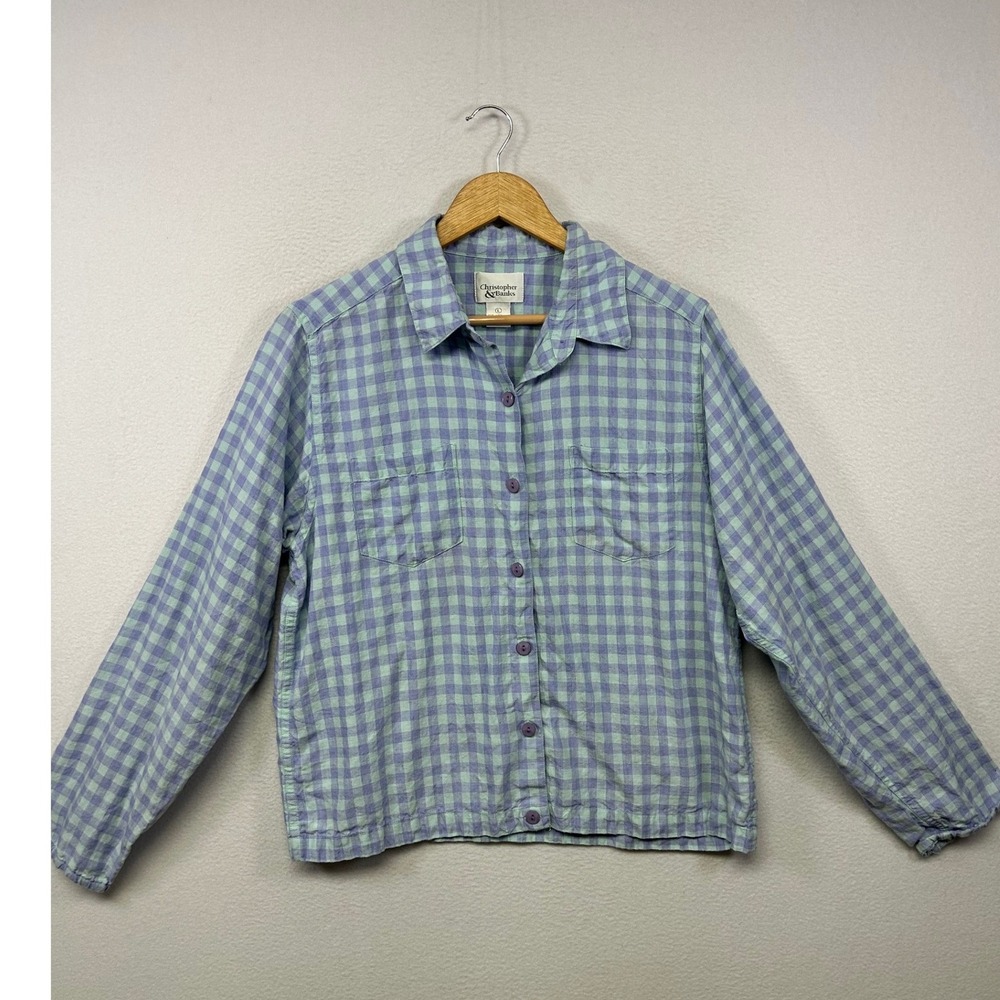 Coastal Christopher & Banks Womens Large Purple Green Gingham Linen Shirt Preppy